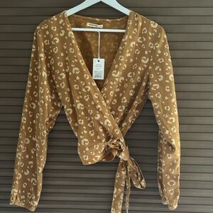 Marine Layer Tan Wrap Blouse with White Pattern